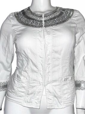 Chico's White Embellished Collar Top with Silver Accents